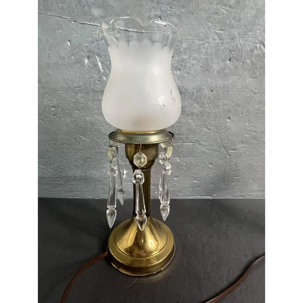 Vintage Astral Brass‎ Boudoir Lamp Crystal Prism Drops Glass Shade Electric